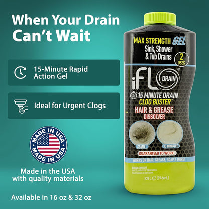 iFLO 15-Minute Drain Cleaner Gel – Fast-Acting Clog Remover for Kitchen, Bathroom, Sink & Shower, Ultra-Thick Formula for Quick Drain Unclogging – Strong Maintenance Cleaner - 16oz