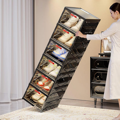 Foldable Shoe Rack Organizer Stackable Shoe Storage Box for Entryway, Closet & Bedroom Large Capacity Sneaker Containers Bins with Lids 6 Pack Black