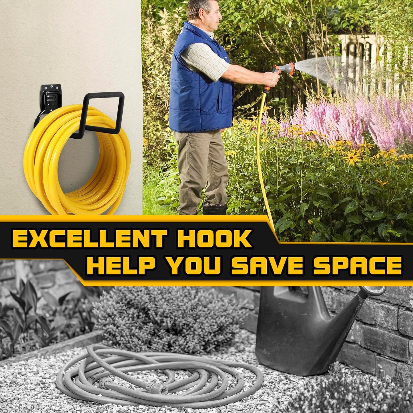 Garden Hose Holder, Metal Wall Mounted Water Hose Reel for Outside, Durable Hook Stand for Garden Hose Storage, Water Hose, Extension Cords, Flexable Hose Use(1Pack)