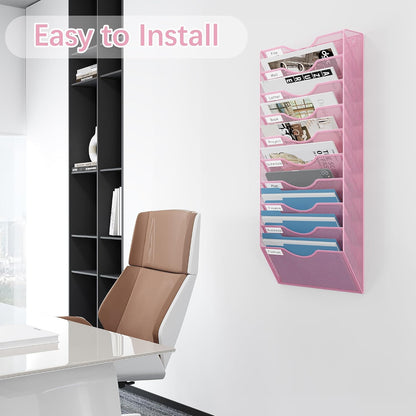 EasyPAG 5 Pocket Mesh Wall File Organizer with Key Hooks, Hanging Paper Folder Holder with Classify Label, Vertical Wall Mount Mail Organizer for Office Home Classroom, Black