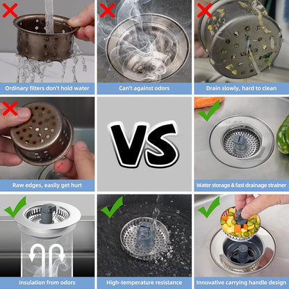 Hibbent Universal 3 in 1 Kitchen Sink Drain Strainer with Sink Stopper, Stainless Steel Wrapped Shell, SUS304 Anti-Clogging Basket Strainer, Fit for US Standard 3-1/2" Drain, Stainless Steel