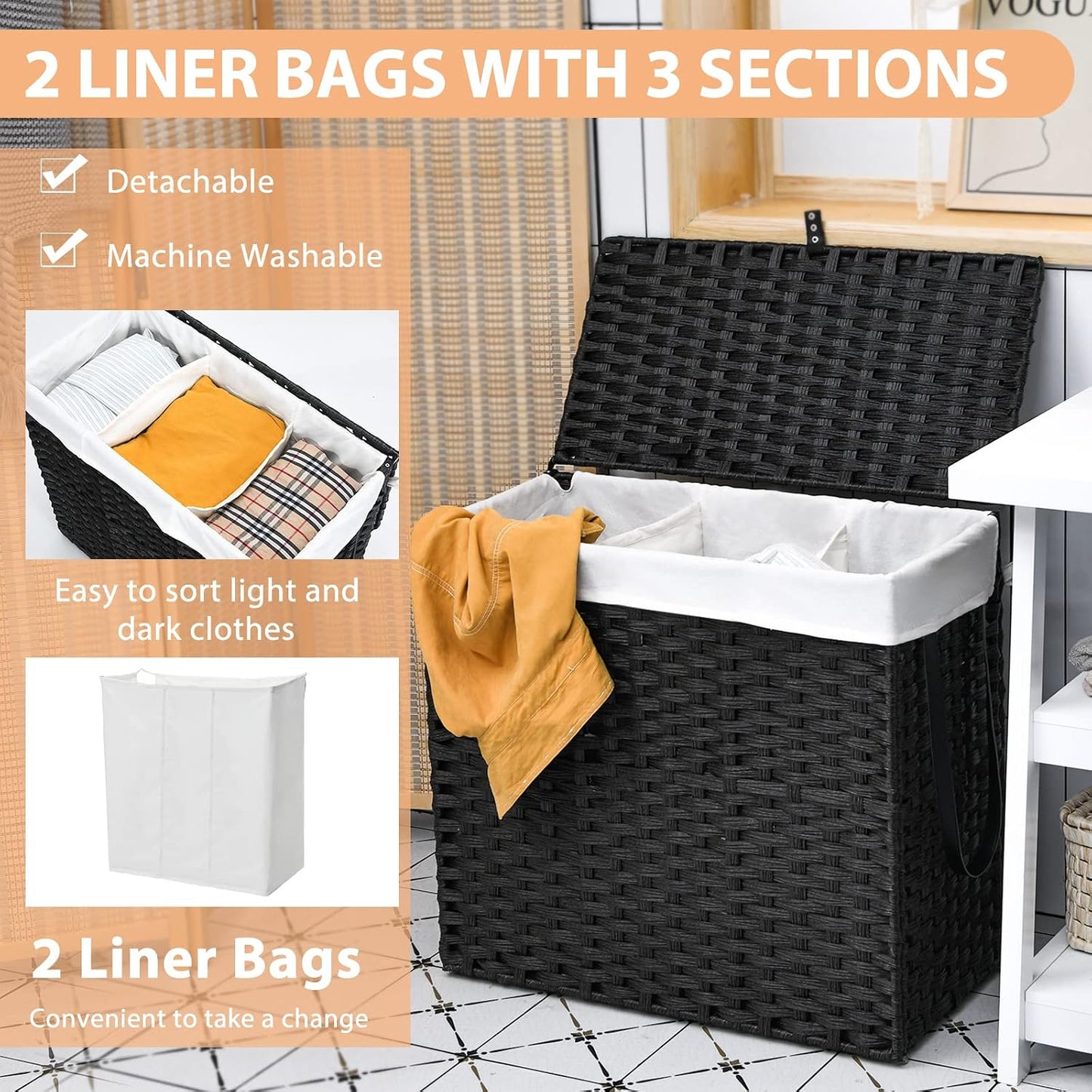 Giantex Laundry Hamper w/Wheels, 3 Section Hamper 125L w/2 Removable Liner Bags, Handwoven Rattan Divided Laundry Basket w/Lid and Handle for Laundry Sorter for Bathroom Bedroom (Brown)