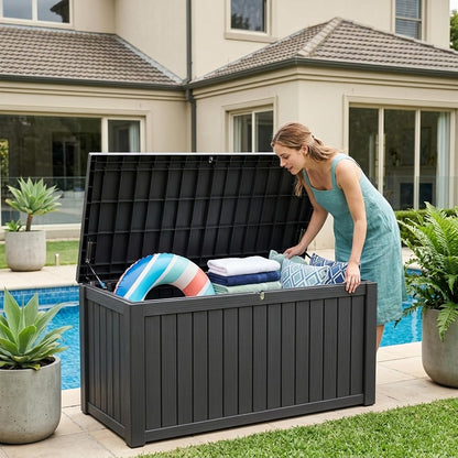 Outdoor Storage Box, 320 Gallon Waterproof Deck Box [Upgraded 3.0], Dual Gas-Spring Ultimate Resin Organizer for King Cushions, Heavy-Duty Lockable Estate Storage Bench, Backyard BBQ, Black