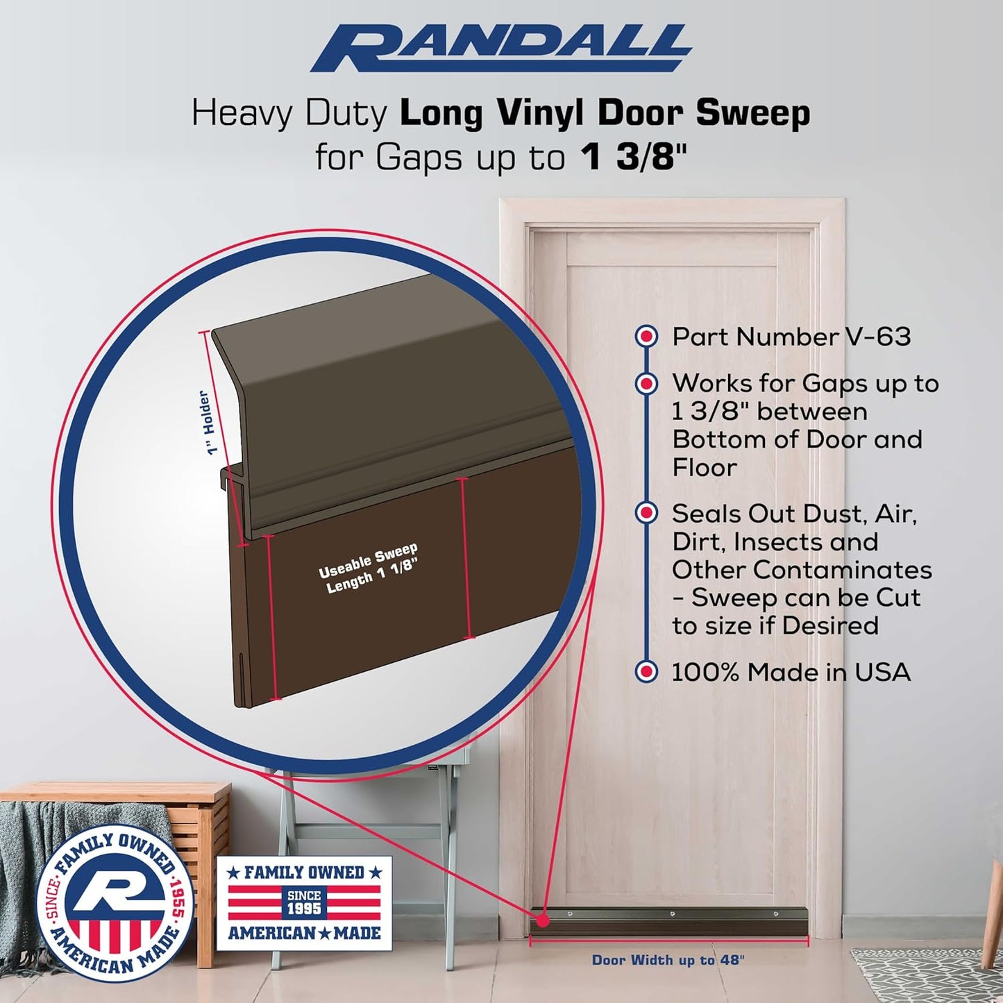 Randall Manufacturing V-63-BR All-Season Door Sweep, Heavy Duty Aluminum, Ideal for Residential & Commercial Use, Easy Installation with Heavy Rubber Seal, Ensure Comfort and Security (3 FT, Brown)