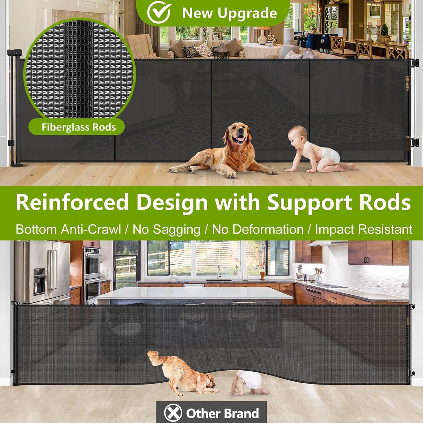 Newly Enhanced - 42" Tall × 120" Extra Wide Retractable Baby Gate Keeps Pets from Getting Under Tall Dog Gate, Indoor/Outdoor Baby Gates for Dogs, Retractable Dog Gate for Large Openings, White
