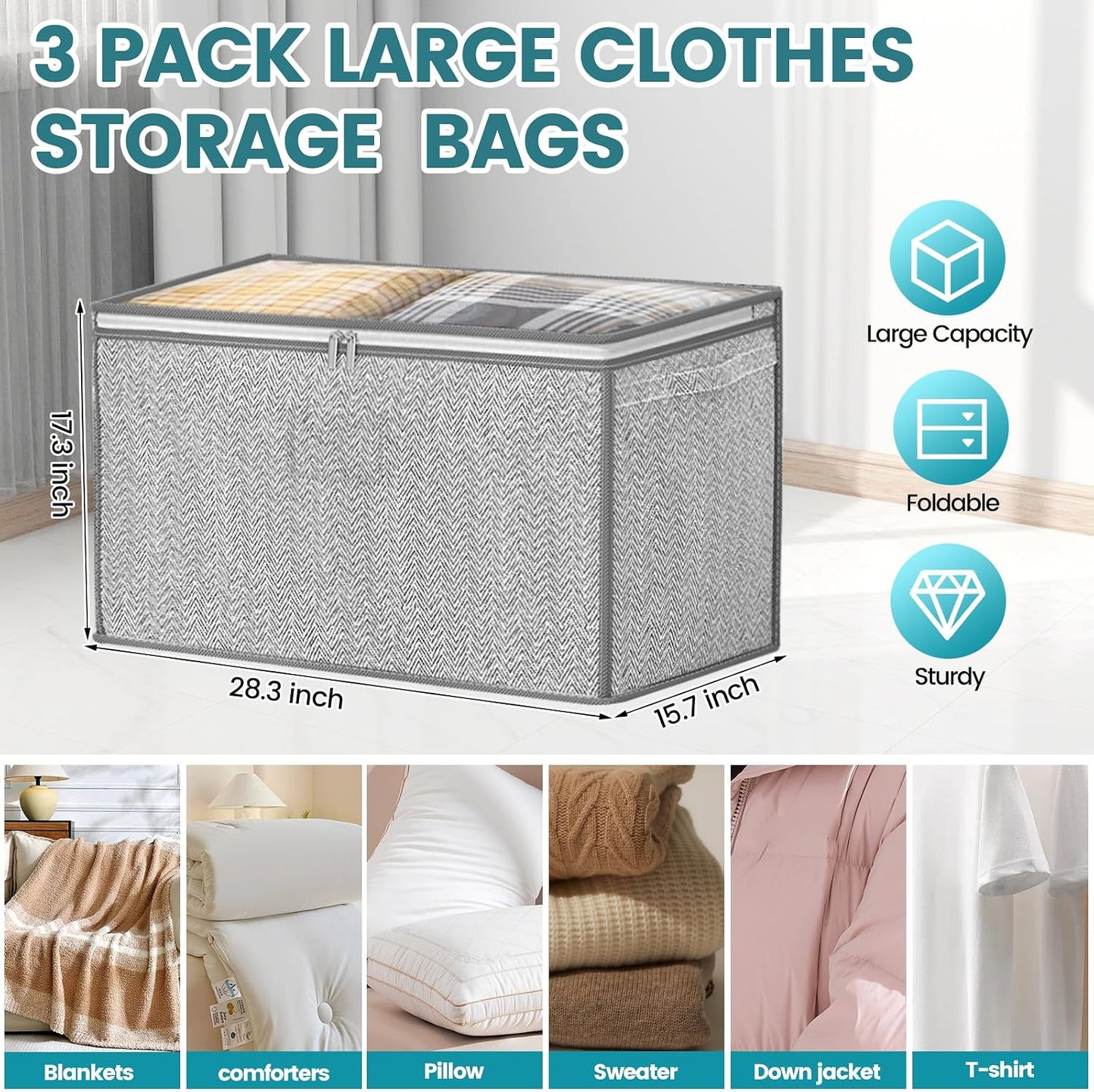 3 Pack 125L Comforter Storage Bags, Clothes Storage Bags, Large Capacity | Collapsible Closet Organizer, Versatile for organizing clothes blanket comforter pillow, Reinforced Handle & Sturdy Zipper