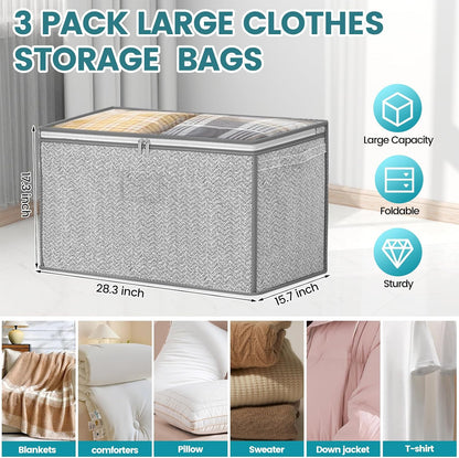 3 Pack 125L Comforter Storage Bags, Clothes Storage Bags, Large Capacity | Collapsible Closet Organizer, Versatile for organizing clothes blanket comforter pillow, Reinforced Handle & Sturdy Zipper