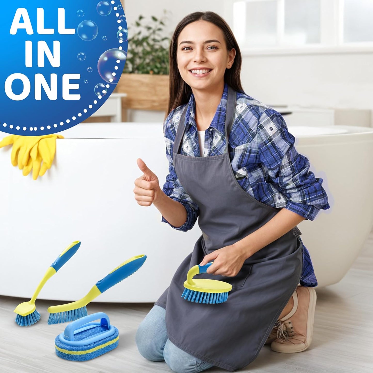 Tile Tub Scrubber Brush with 5 Different Function Cleaning Heads and 51" Extendable Long Handle Non Scratch Shower Scrubber for Cleaning Bathroom Kitchen Toilet Wall Bathtub