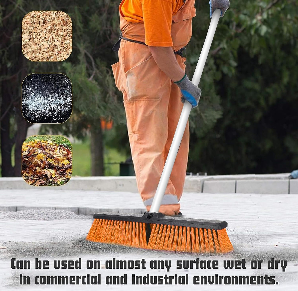 Push Broom, Outdoor Broom, Push Broom Outdoor for Garage, Deck (Orange) | 18‑inch stiff bristle head works as garage, shop & industrial broom for concrete, decks, patios. Ergonomic handle + hook