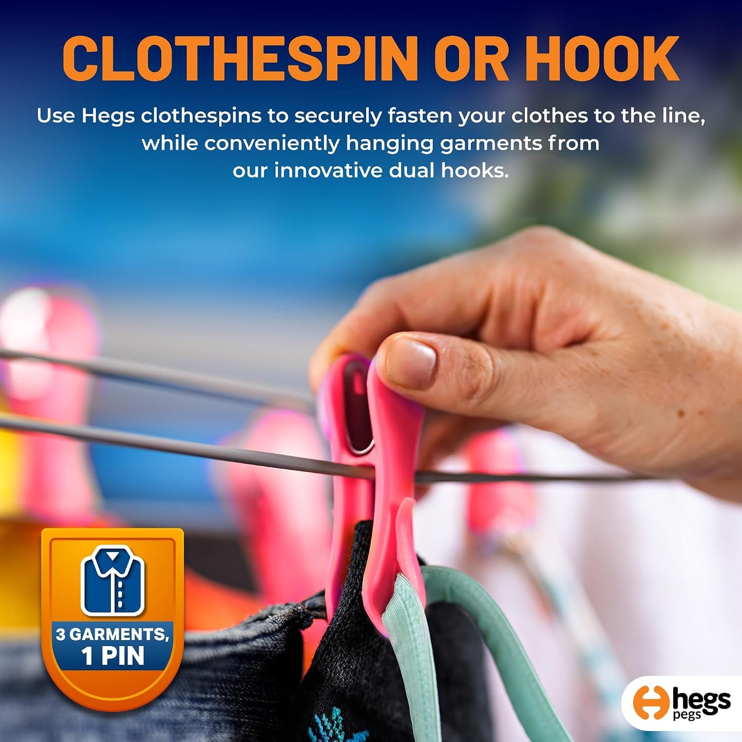 Hegs 24 Pack Multi-Color - The Smartest Heavy Duty Clothespins with Hooks - Hang 3 Garments at Once with Our Tough, Dual Hooks Clothes Pins with Anti-Rust Spring - Durable, Colorful Clothespins