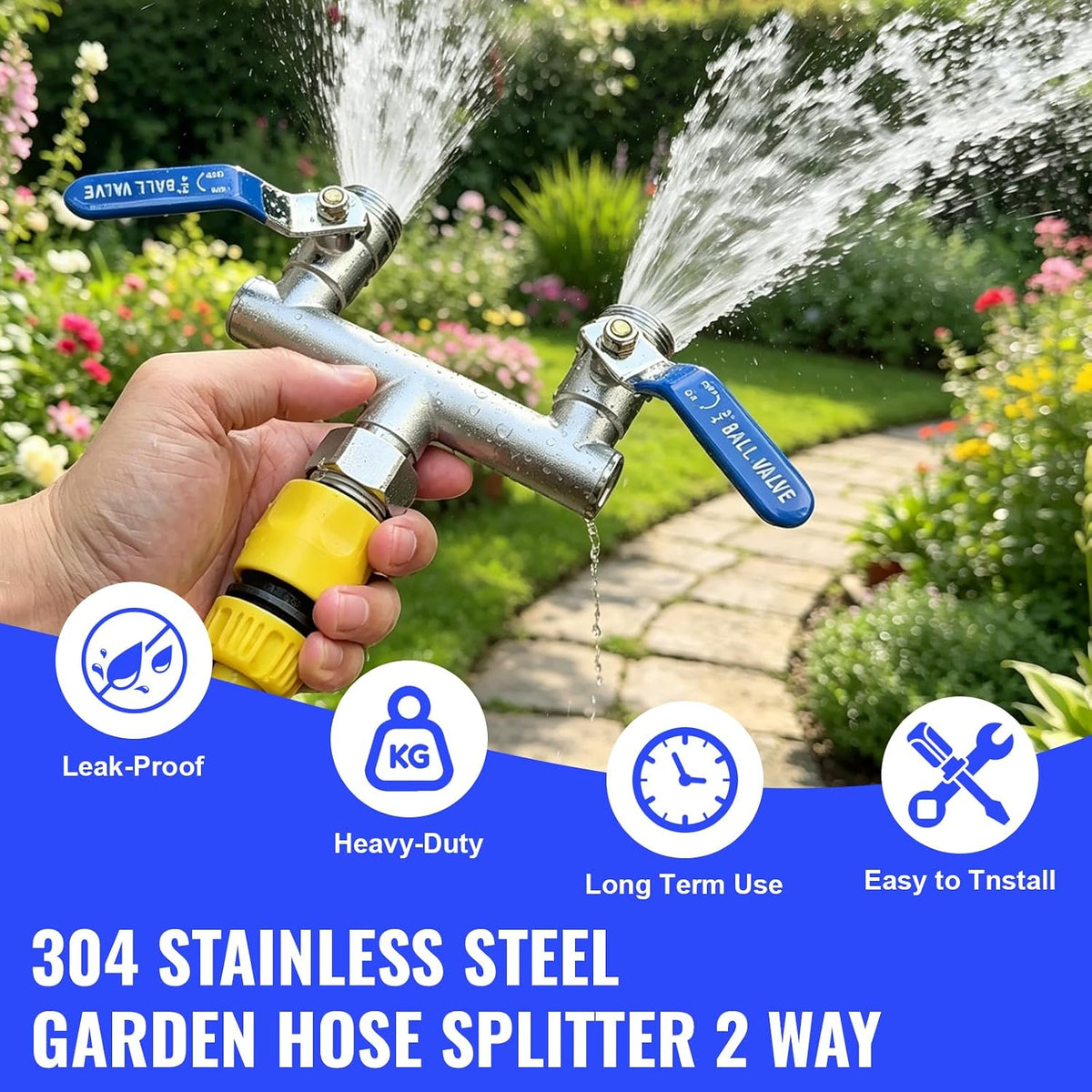 2 Way Garden Hose Splitter, Stainless Steel, Heavy Duty 304 Stainless Steel Full Flow T Valve with Long Handle, Lead-Free Rust & Freeze Resistant, 3/4" GHT Thread Outdoor Water Hose Adapter