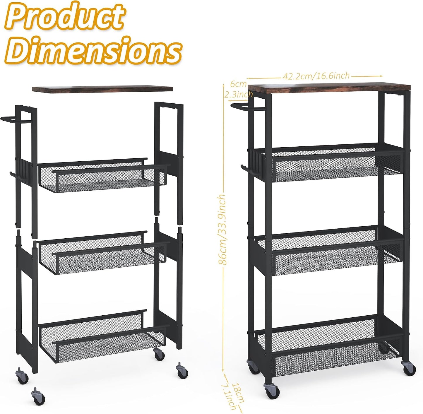 Vincona 7.1" Wide Slim Storage Cart on Wheels, 4 Tier Metal Narrow Rolling Cart with Handle and Wood Top, Multifunctional Small Mobile Shelf Unit Organizer Trolley for Laundry, Bathroom, Kitchen
