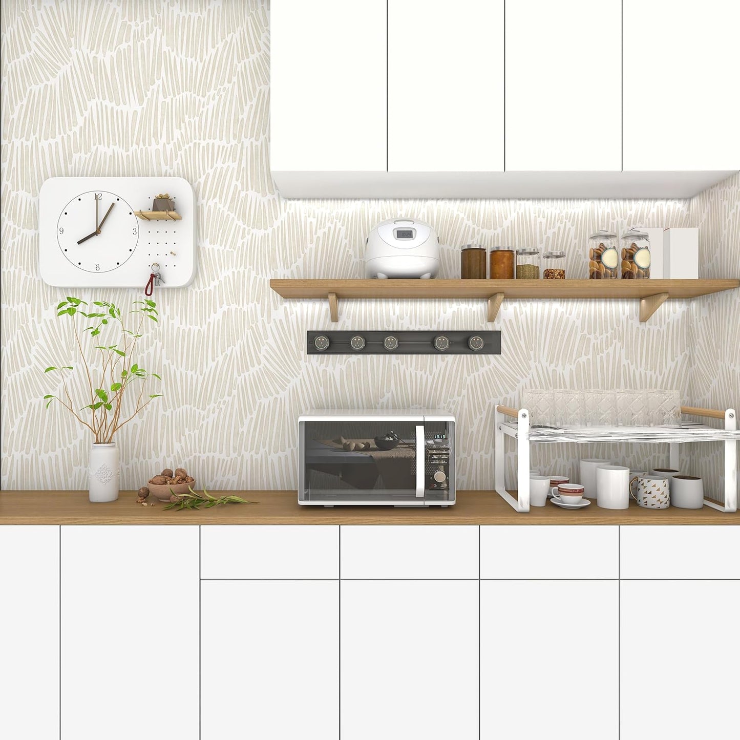 Theper Beige Wallpaper 17.3"×78.8" Modern Striped Peel and Stick Wallpaper Boho Removable Self Adhesive Wall Paper for Bedroom Waterproof White and Gold Contact Paper for Cabinets Vinyl
