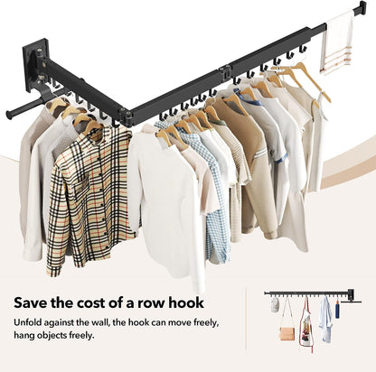 HEILAIYI Clothes Drying Rack for Laundry,Wall Mounted Clothes Hanger Rack,Folding,Retractable,Collapsible(J Shape Hooks)
