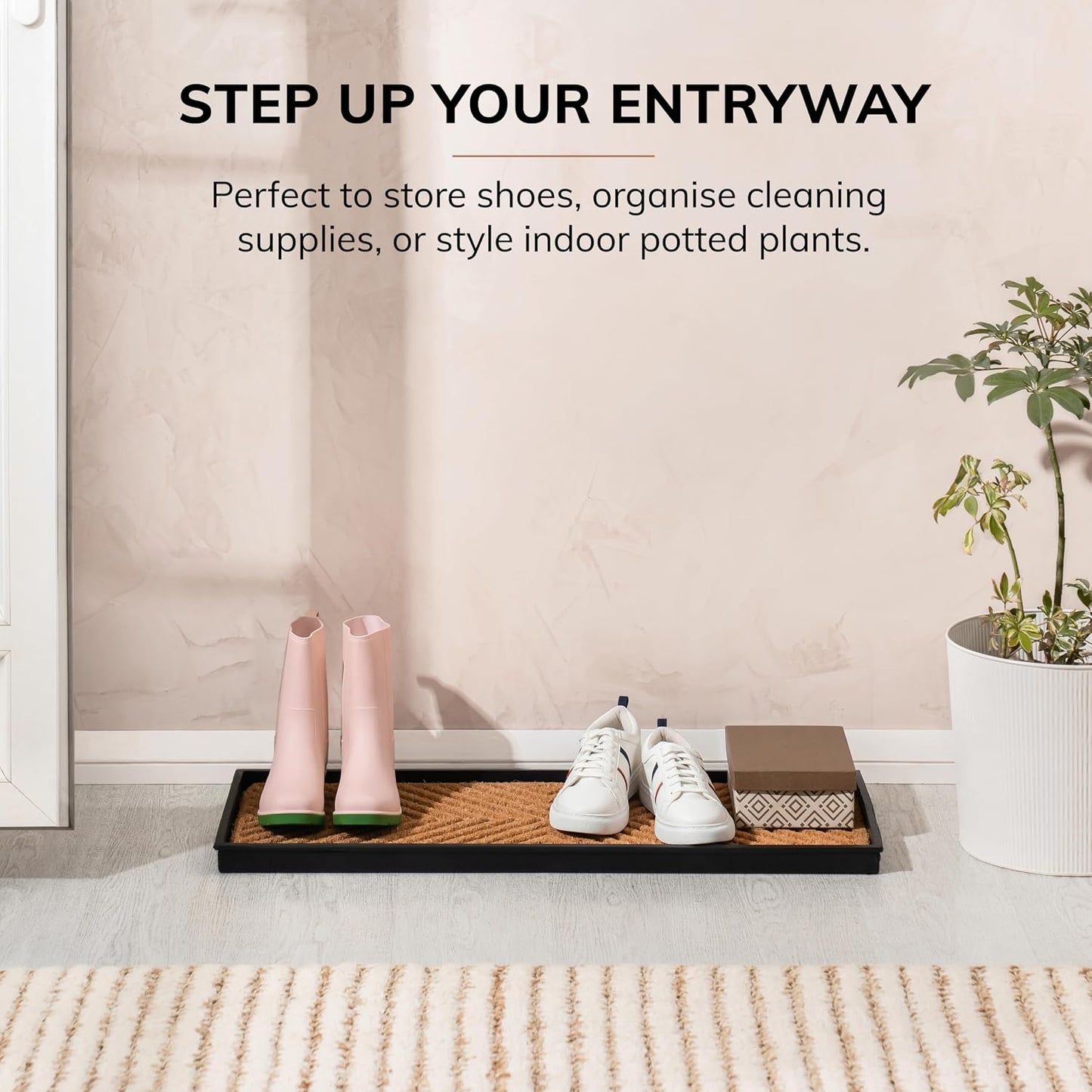Anji Mountain Heavy Duty Waterproof Rubber Shoe Storage Mat Organizer/Boot Storage Tray Multi Use for Entryway with Coir, Tan Insert, Fits 4 Pair (46.5" Wide)
