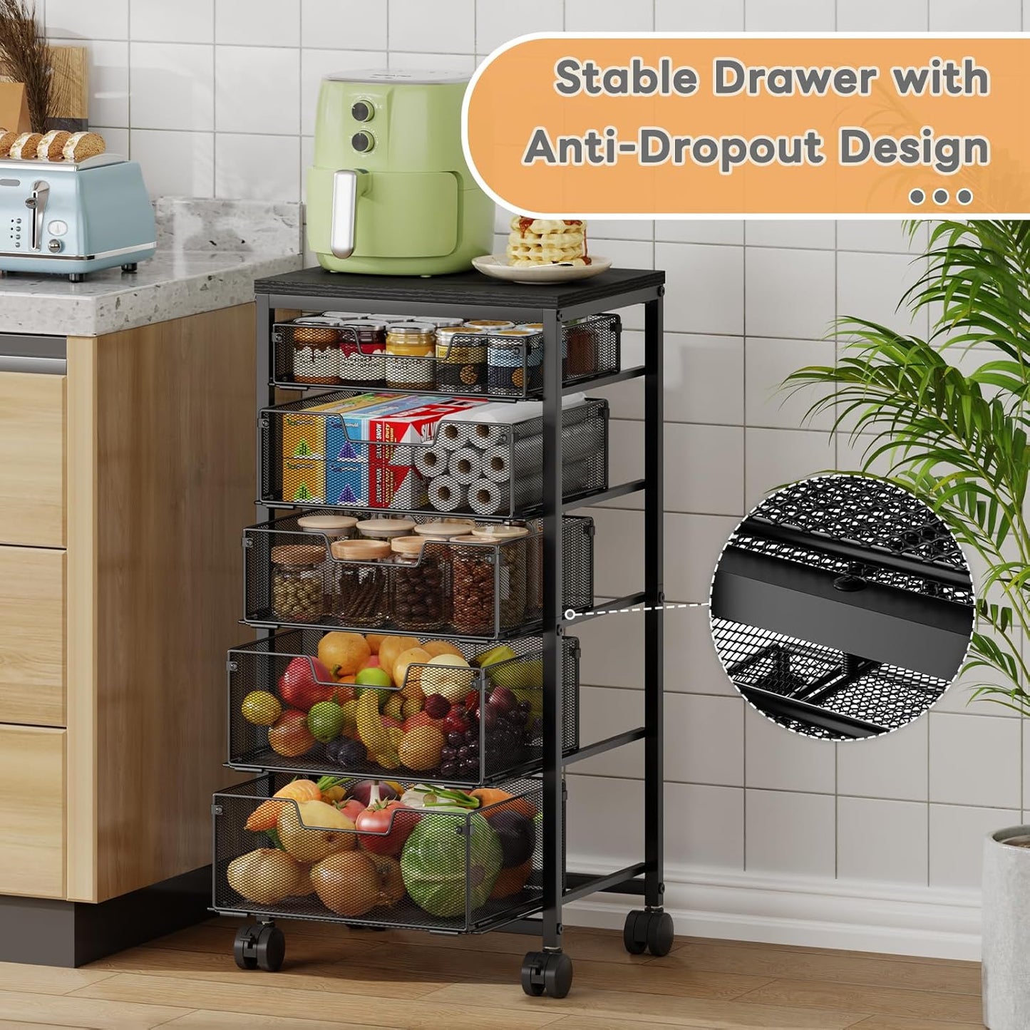4 Tier Kitchen Rolling Cart, Kitchen Storage Cart with Wheels, Adjust Pantry Organizer and Storage Cart with Drawer, Fruit Vegetable Spice Storage Cart, Wooden Top Metal Kitchen Organizer Rack Stand