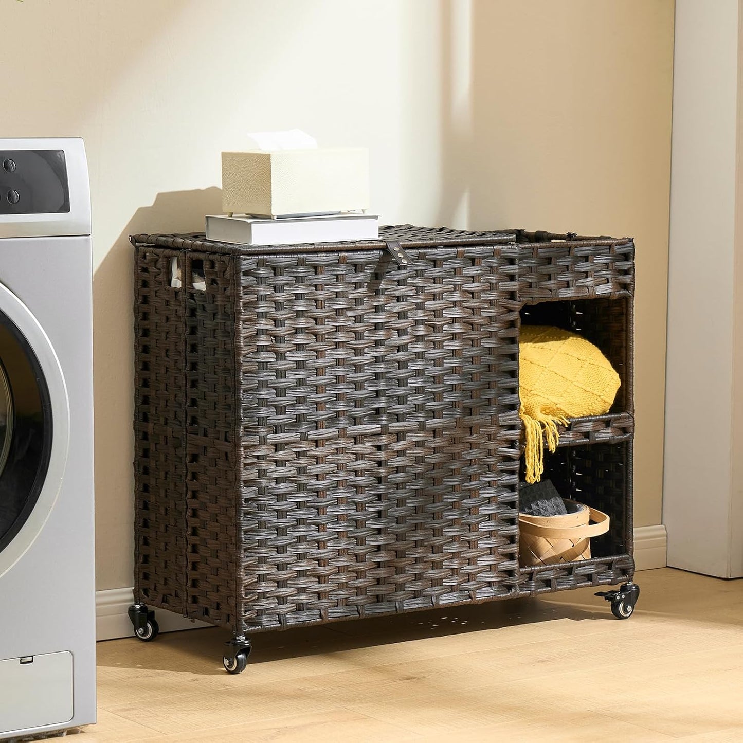 Laundry Hamper with Wheels, 42.3 Gal.(160 L) Laundry Sorter with Shelves, Rattan Clothes Hamper with 4 Removable Liners & 3 Mesh Bags, Handwoven Organizer for bedroom, bathroom, laundry room, Natural