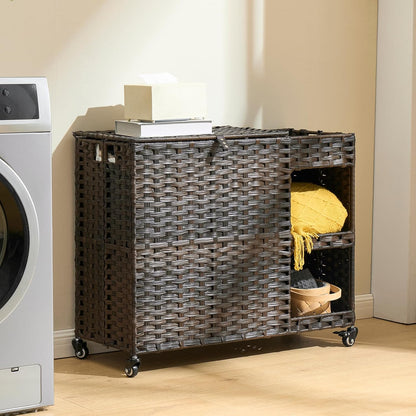 Laundry Hamper with Wheels, 42.3 Gal.(160 L) Laundry Sorter with Shelves, Rattan Clothes Hamper with 4 Removable Liners & 3 Mesh Bags, Handwoven Organizer for bedroom, bathroom, laundry room, Natural
