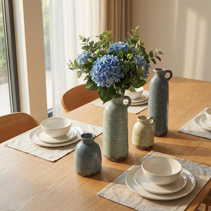Ceramic Vase Set of 3 with Handles, Green White Neutral Rustic Modern Farmhouse Boho Decor, Versatile as Table Centerpiece or Mantel & Shelf Accent - Unique Home Gift Idea