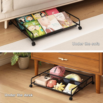 Under Bed Shoe Storage Organizer, 2 Pack Metal Mesh Under Bed Storage Containers with Wheels, Shoe Organizer Drawer Space Saving for Bedroom
