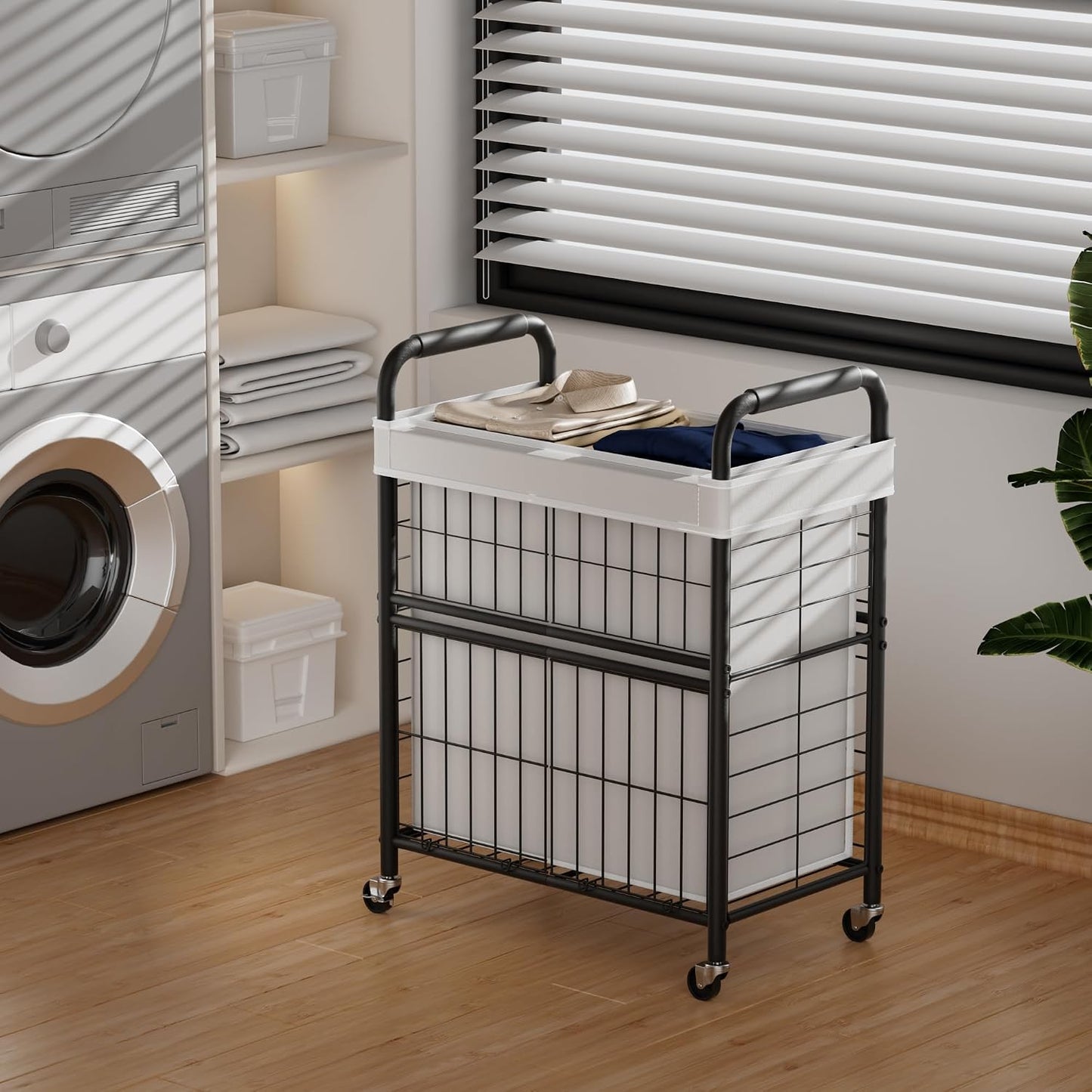 Laundry Hamper 3 Section, 145L Rolling Laundry Sorter Basket with Wheels, 3 Compartment Clothes Organizer Cart, Pull-Out Removable Bags for Laundry Room, Bathroom, Bedroom, White