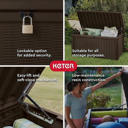 Keter Outdoor Storage Deck Box for Patio, Backyard & Garden, Borneo, 110 Gal, Grey - Lockable, Organizing, and Waterproof Plastic Container Bench