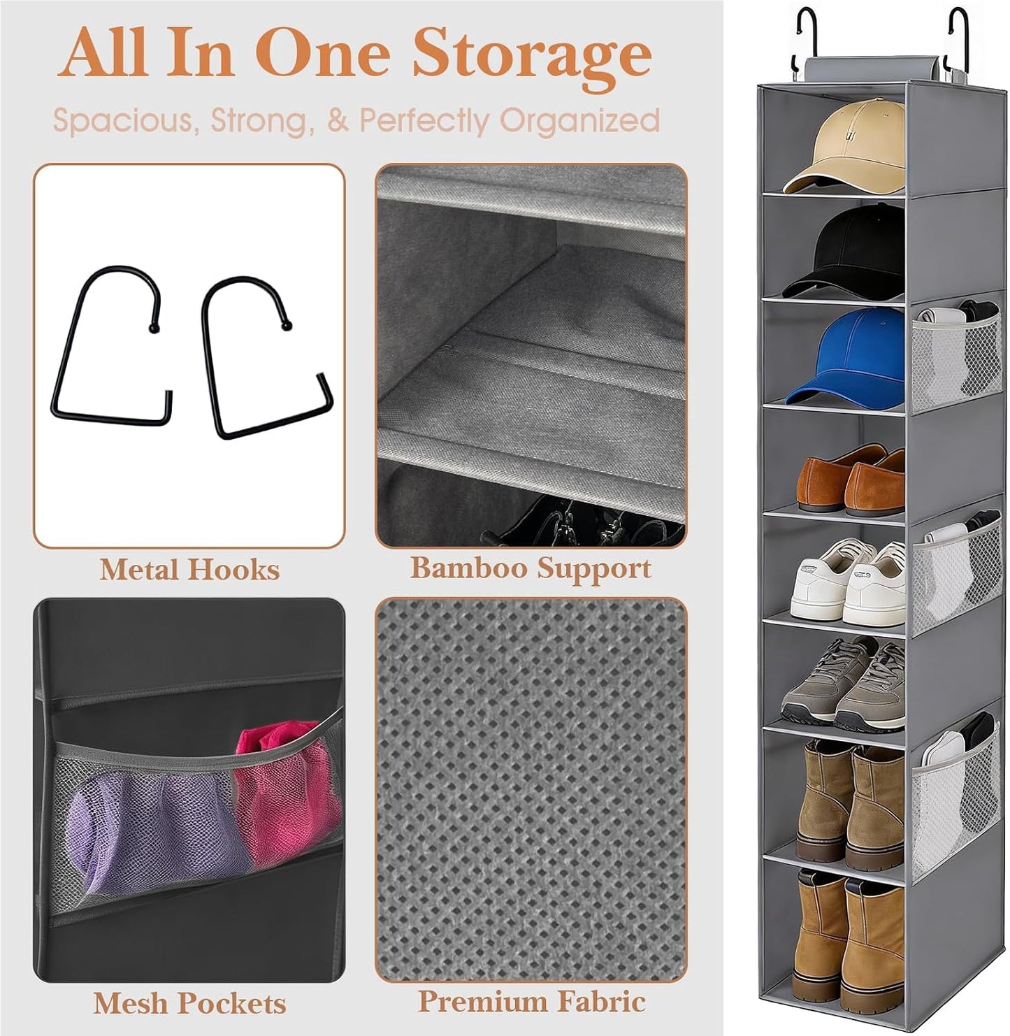 Hanging Shoe Organizer for Closet with 8 Shelves,Mesh Pockets-Wider Hanging Shelves for Shoes,Clothes,Hats with Sturdy Bamboo-Supported Design (Beige)