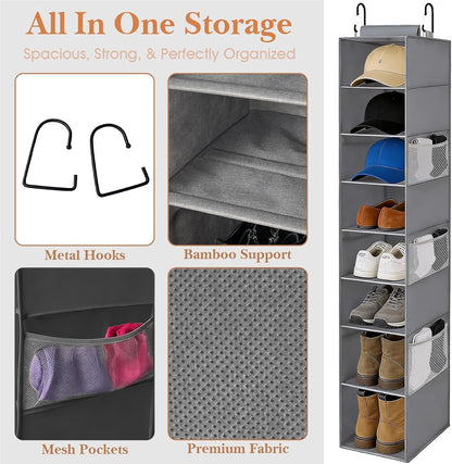 Hanging Shoe Organizer for Closet with 8 Shelves,Mesh Pockets-Wider Hanging Shelves for Shoes,Clothes,Hats with Sturdy Bamboo-Supported Design (Beige)