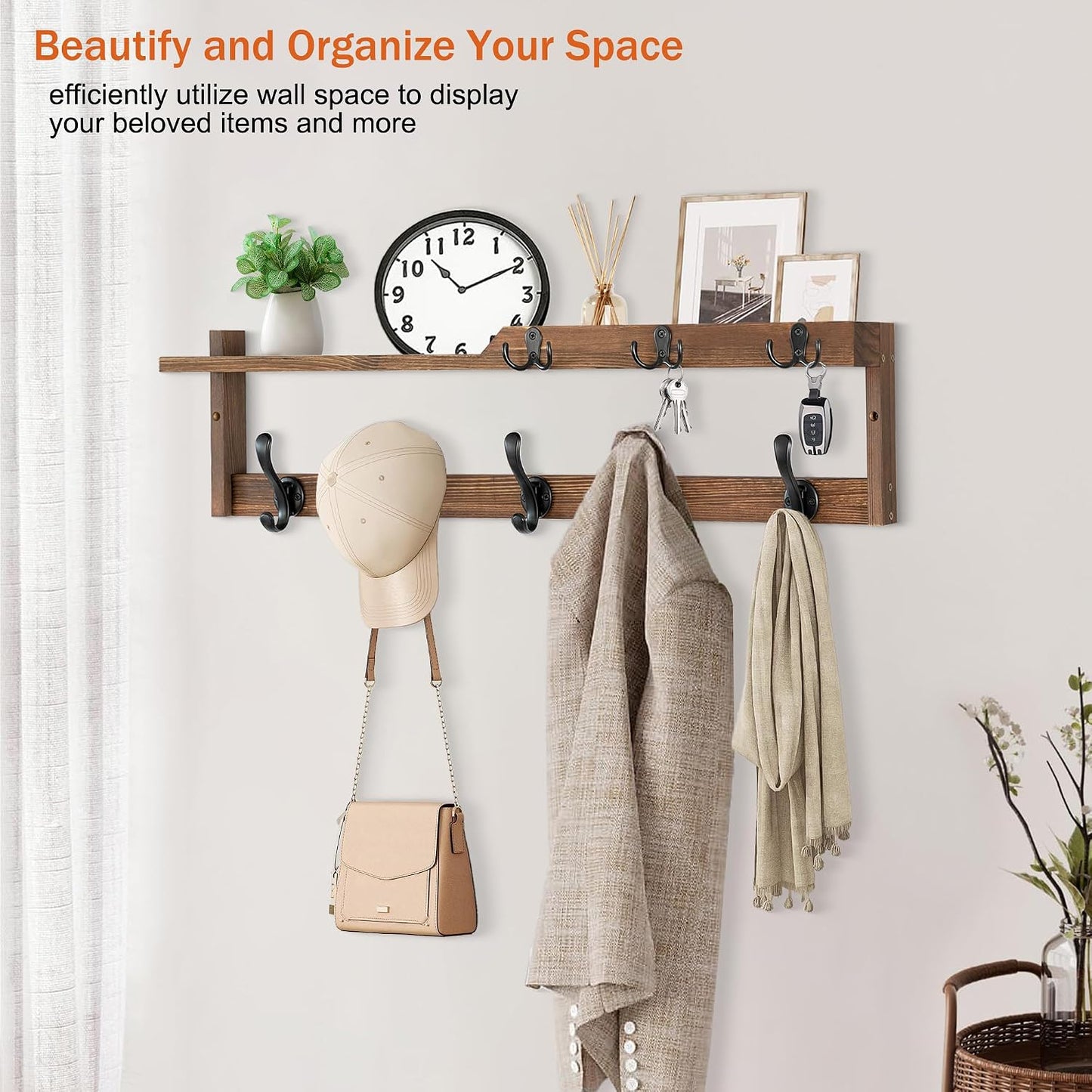 dreampossible Coat Rack Wall Mount with Shelf, Coat Hanger Wall Mount with Key Hooks and Mail Holder, Wood Entryway Floating Shelf with Hooks and Storage, Hat Rack for Wall Key Holder Mail Organizer