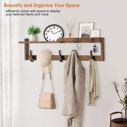 dreampossible Coat Rack Wall Mount with Shelf, Coat Hanger Wall Mount with Key Hooks and Mail Holder, Wood Entryway Floating Shelf with Hooks and Storage, Hat Rack for Wall Key Holder Mail Organizer