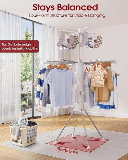 Sakugi Foldable Clothes Drying Rack – Collapsible Laundry Rack with 12 Steel Arms, 4-Leg Stable Base, Reinforced Frame with Clips & Shoe Holders for Indoor Outdoor Use, 44" D x 44" W x 71" H, White