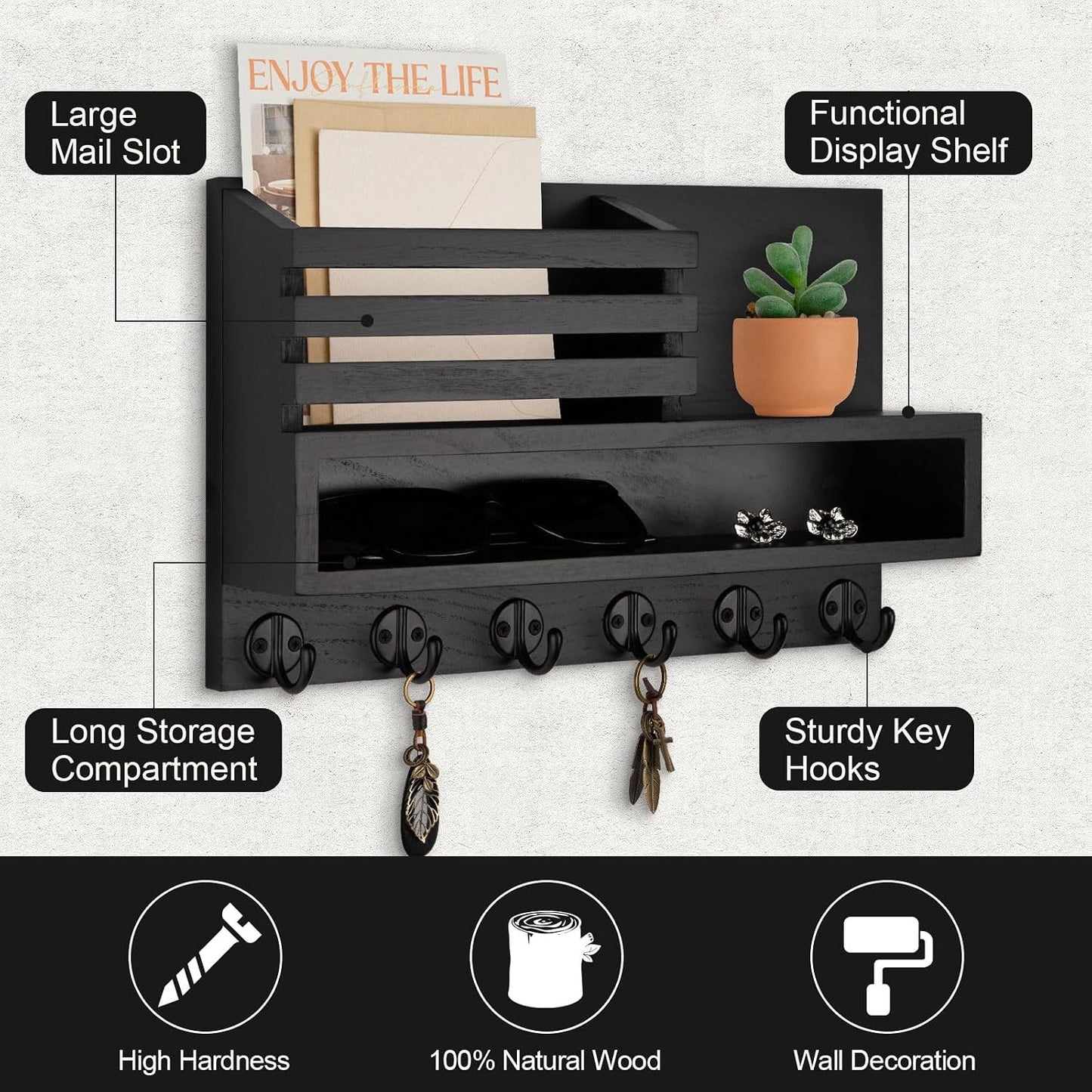 Key and Mail Holder Wall Mount, Key Hanger with Long Storage Box and 5 Hooks for Coat, Dog Leash, Home Decor Rack, House Accessories, Entry Way Organizer 11.8”W x 7.8”H x 3.2”D