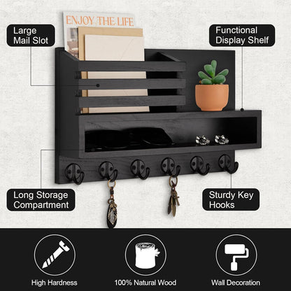 Key and Mail Holder Wall Mount, Key Hanger with Long Storage Box and 5 Hooks for Coat, Dog Leash, Home Decor Rack, House Accessories, Entry Way Organizer 11.8”W x 7.8”H x 3.2”D