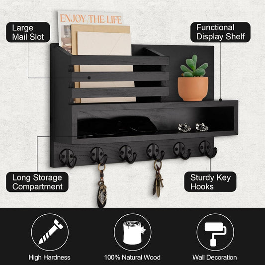 Key and Mail Holder Wall Mount, Key Hanger with Long Storage Box and 5 Hooks for Coat, Dog Leash, Home Decor Rack, House Accessories, Entry Way Organizer 11.8”W x 7.8”H x 3.2”D