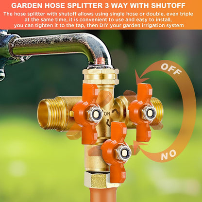 Garden Hose Splitter 3/4" GHT Full Flow 2 Way Brass Hose Splitter Heavy Duty All Metal Hose Y Splitter with Shutoff Outdoor Faucet Water Hose Splitter Y Valve Tap Adapter for Outdoor Garden