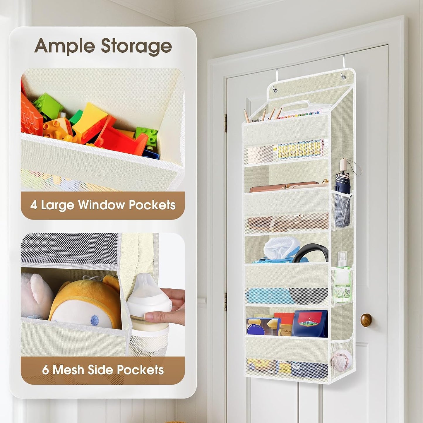 SpaceHacks 1 Pack Over The Door Organizer, Hanging Storage Organizer with Clear Window, 40lb Ultra Sturdy Large Capacity Room Organizer for Pantry Laundry Bathroom Nursery Closet Baby Essential (Grey)
