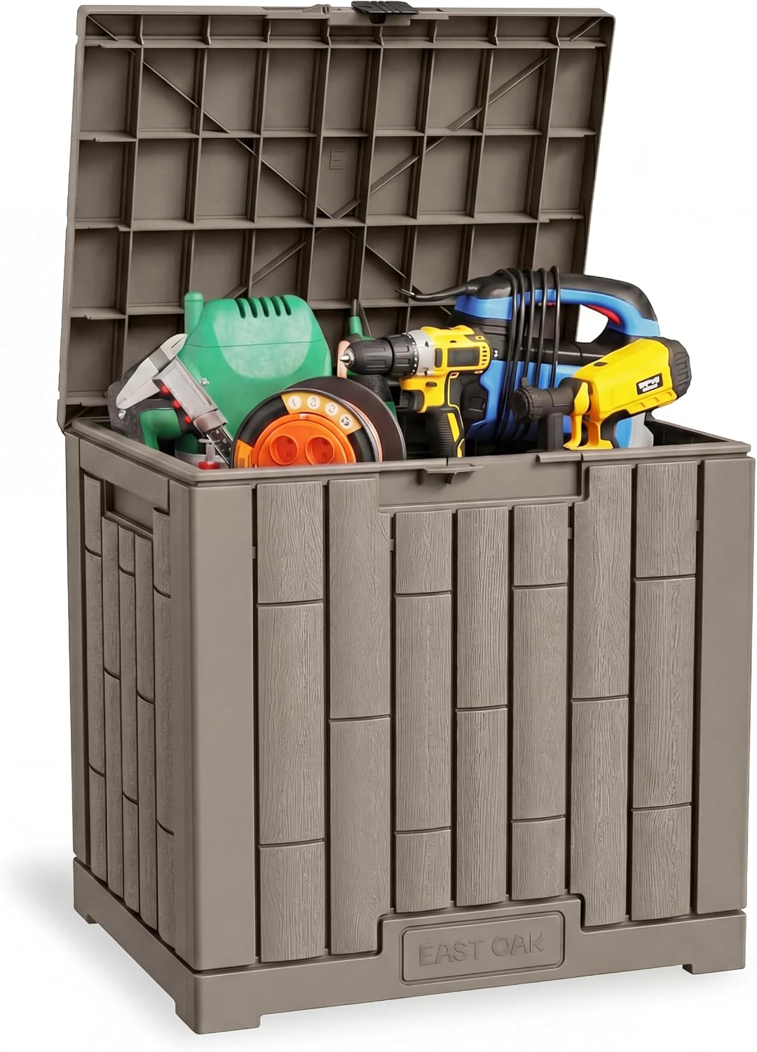 EAST OAK Outdoor Storage Box, 31 Gallon Deck Box Indoor and Outdoor Use, Waterproof Resin Storage Bin for Package Delivery, Patio Cushions, Gardening Tools, Lockable, UV Resistant, Grey