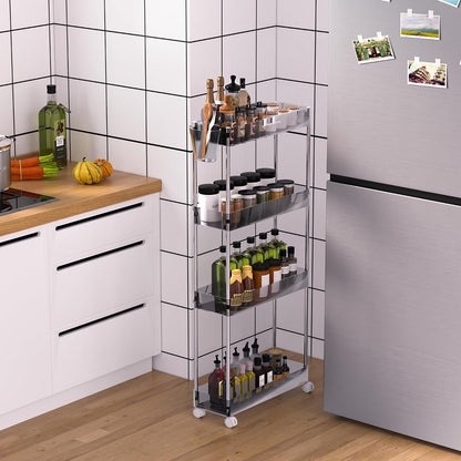 VECELO Storage Rolling Cart, 4 Tier Utility Cart Kitchen Slim Mobile Storage Unit Organizers with Wheels Hooks&Hanging Cups for Bedroom Bathroom Office Table Side in Narrow Places, White