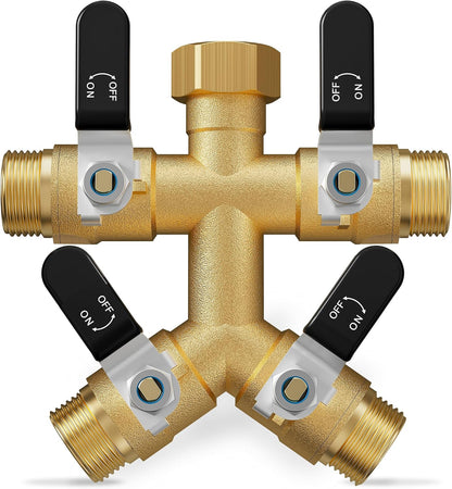Hose Splitter 2 Way, Heavy Duty Brass Garden Hose Splitter, Water Hose Bib Spigot Splitter with 0.59" Full Flow Ball Valve Outlet & Shut-Off Valve 3/4'' Connector Outdoor Water Faucet Adapter