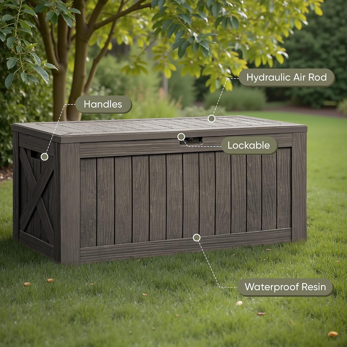 Flamaker Resin Deck Box 120 Gallon Waterproof Large Outdoor Indoor Storage Box Imitation Wood Resin for Patio Furniture Garden Tools and Pool (Black)