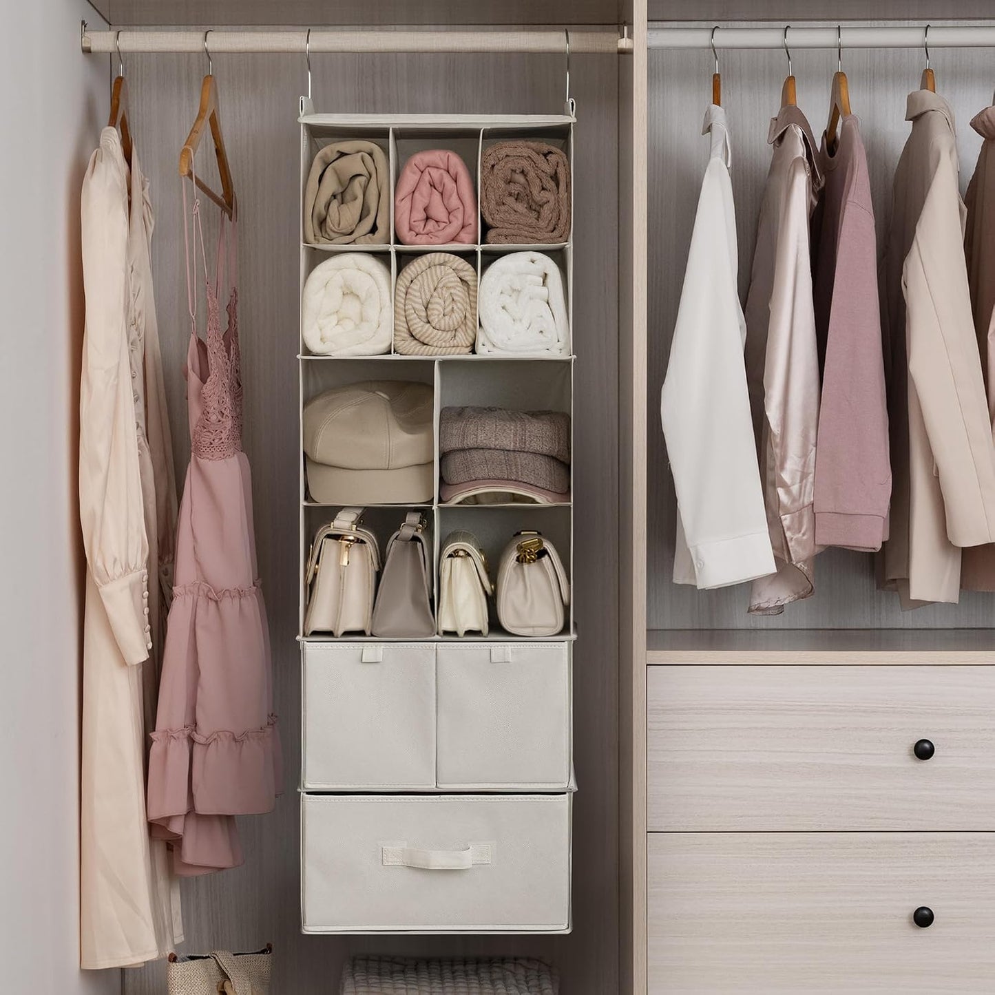 GRANNY SAYS Hanging Closet Organizer 6 Shelves, Closet Organizers and Storage with 5 Drawers, 6 Side Pockets Closet Hanging Organizer, Hanging Storage Organizer for Closet, Baby Clothes, Gray