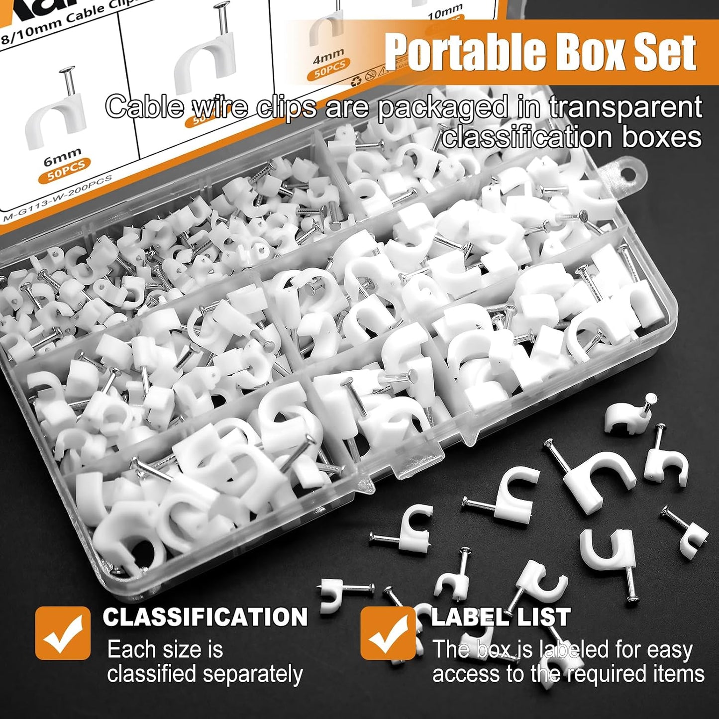 mankk 630PCS Steel Nail Cable Clips 4/5/6/8/10mm Round & 5/6mm Square | cable tacks for CAT6 RJ45 RG6 RG59 ethernet coax cords, white wall mounting clips