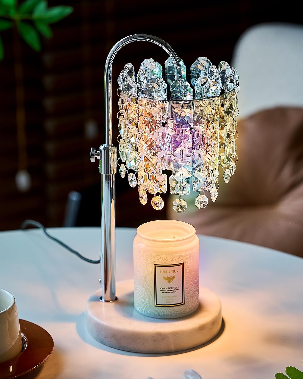 Candle Warmer Lamp with Timer Dimmer Adjustable Height Candle Warmer with Marble Base for Jar Candles, Crystal Candle Lamp with 3 Bulbs for New Home Decor, Women Mom Christmas Birthday Gifts, Silver