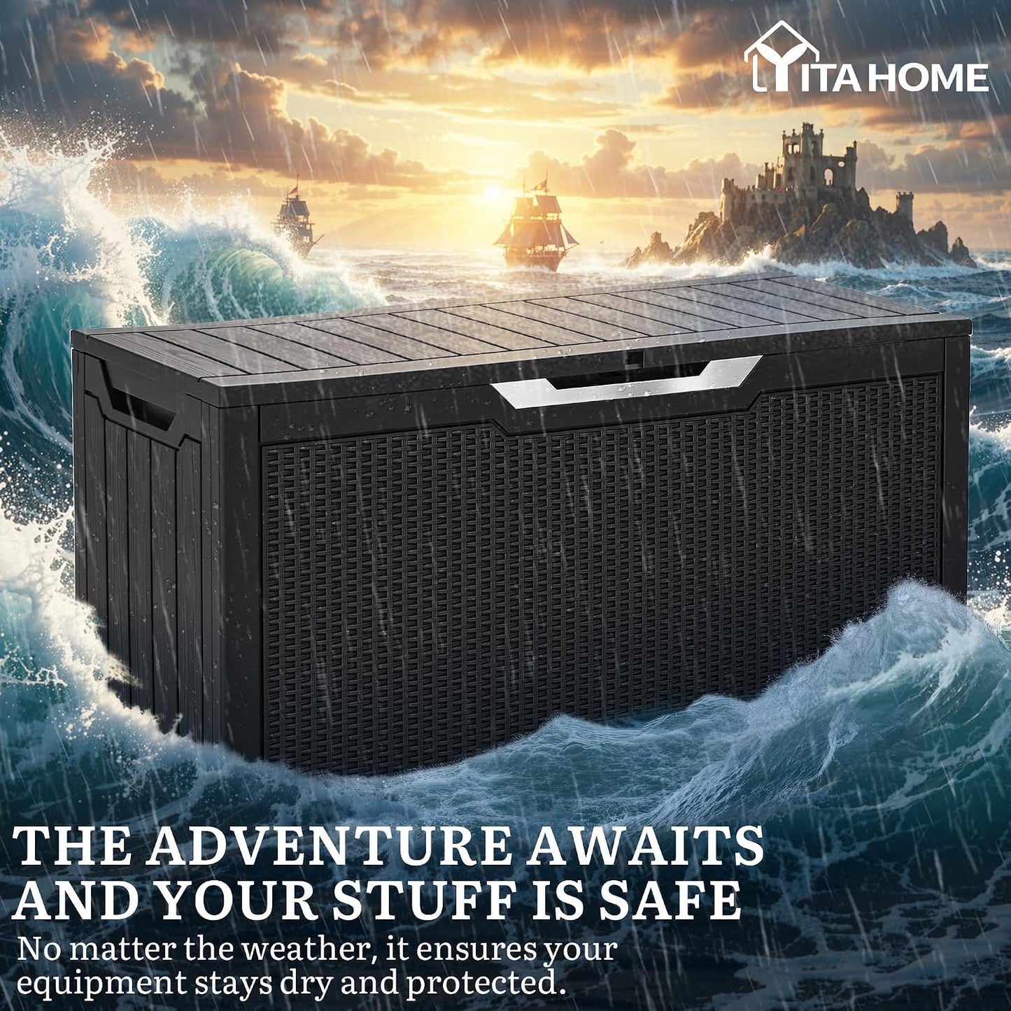 YITAHOME 100 Gallon Large Outdoor Deck Box | Waterproof Resin Storage Box, Lockable Indoor Outdoor Storage Container for Patio Furniture Cushions, Pool Accessories