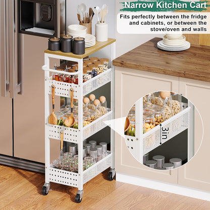 Utility Slim Storage Cart, 4-Tier Narrow Bathroom Organizers and Storage Cart, Narrow Metal Kitchen Laundry Room Organization Shelf with Wood Top, Slim Rolling Carts with Wheels for Small Space