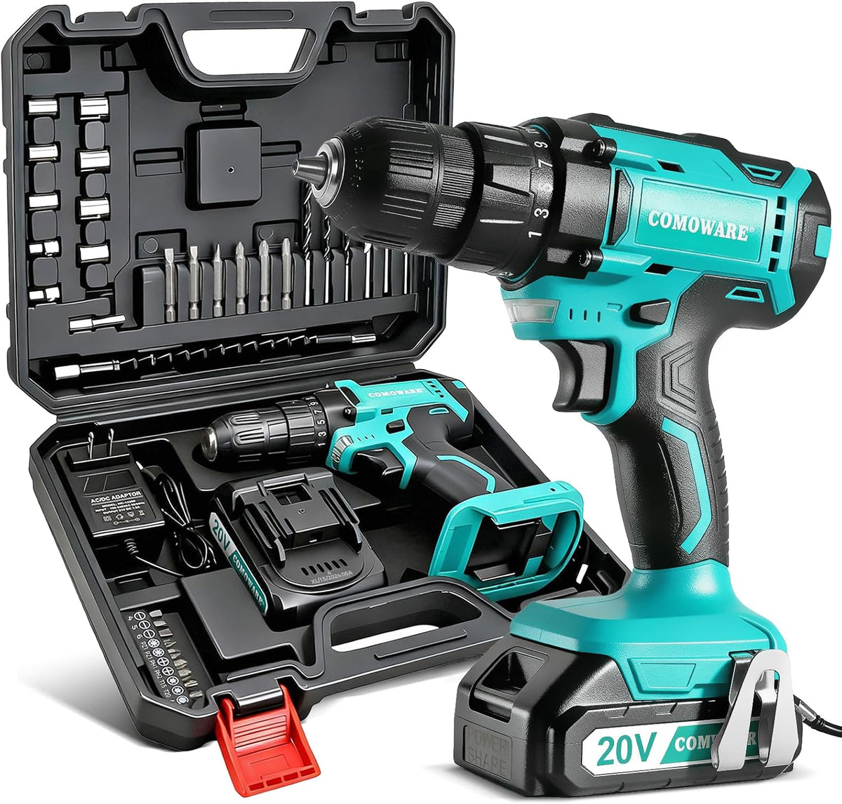 COMOWARE Household Tool Set with 20V Cordless Drill Driver, 120Pcs Hand Tool Kit for Men, Power Drill Set with Plastic Toolbox, Ideal for Office, Garden, DIY Project