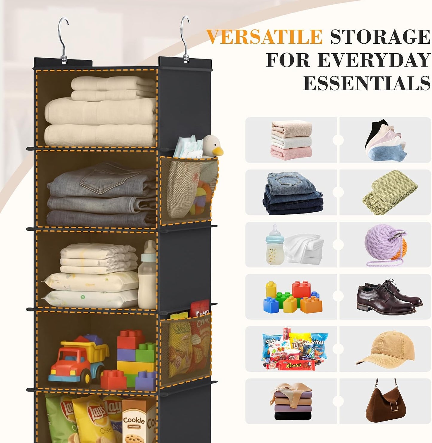 YOUDENOVA Upgraded Extra Wide Hanging Shoe Organizer for Closet, 8-Shelf Storage Organizer with 8 Side Pockets, Hanging Shoe Rack for Hats Clothes Jeans, Grey