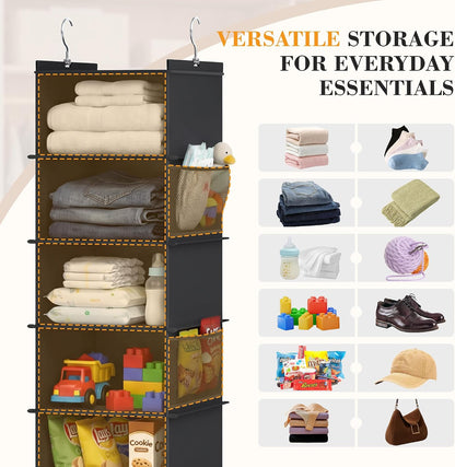 YOUDENOVA Upgraded Extra Wide Hanging Shoe Organizer for Closet, 8-Shelf Storage Organizer with 8 Side Pockets, Hanging Shoe Rack for Hats Clothes Jeans, Grey