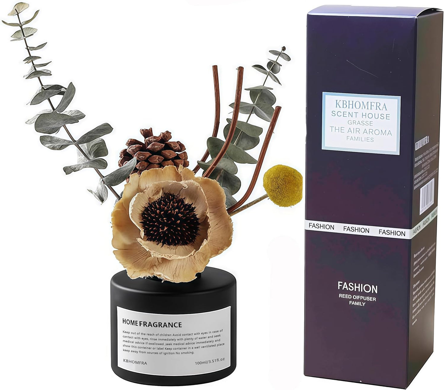 Reed Diffuser Set with Dried Flowers, 3.38fl.oz Fragrance Diffuser with Sticks, Scented Sticks Aroma Diffuser, Home & Office Décor for Air Fresheners, Bathroom (Jasmine Tea)