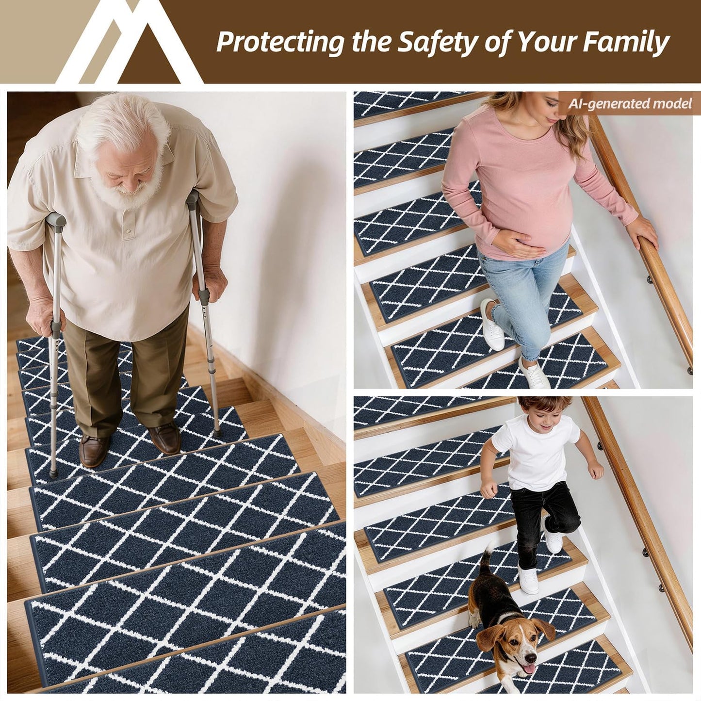 COSY HOMEER Carpet Stair Treads for Wooden Steps Non-Slip Indoor,4pcs, Navy | Peel and Stick,Reusable Adhesive,Residue Free,Washable,Pet Friendly,Soft Stair Runner for Kids,Elders,Multi-Surface Use